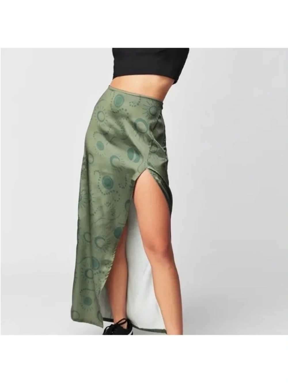 Free People 12 Skirt Serena Slim Maxi celestial green olive combo satin slit